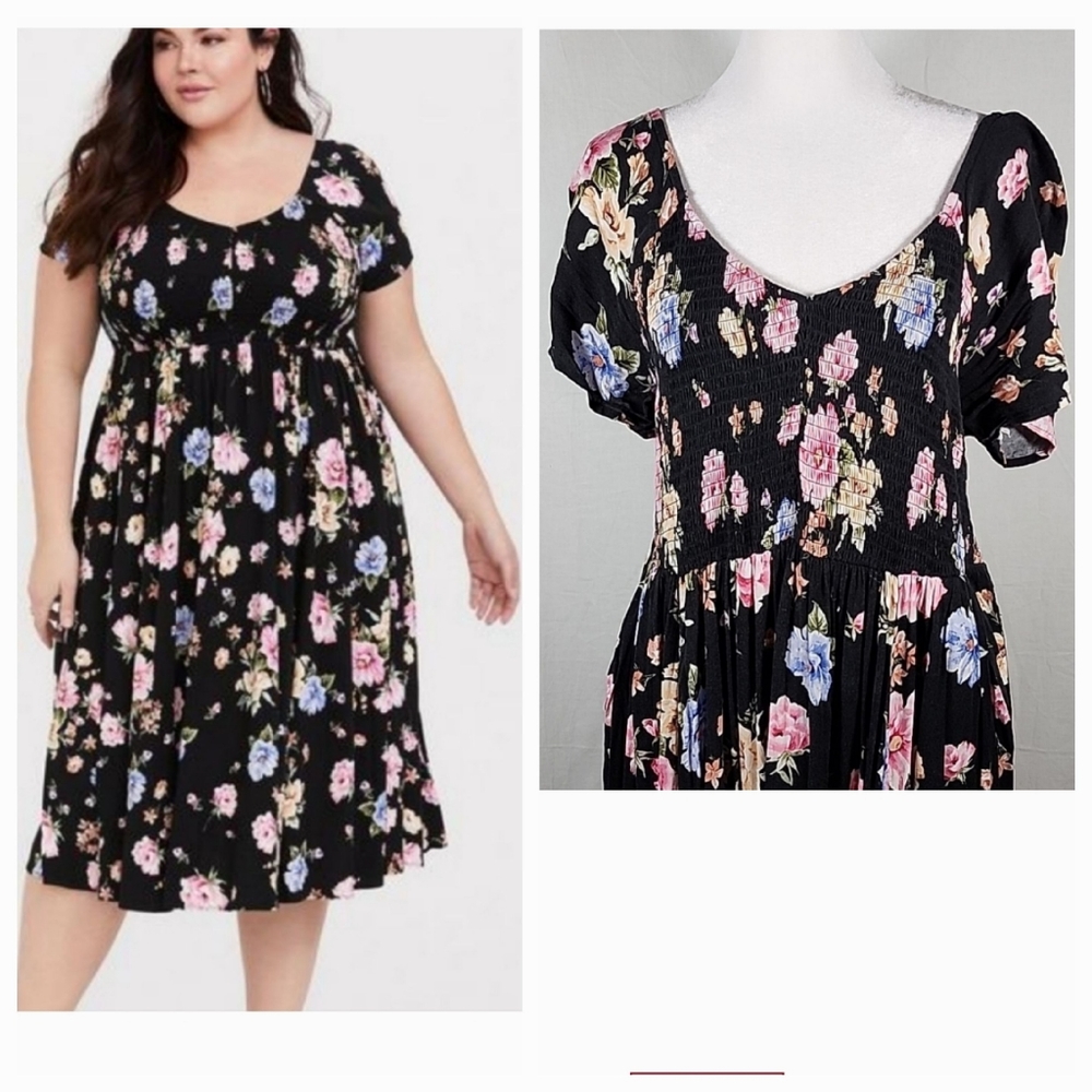 🤎 Torrid Black Floral Challis Midi Dress/Size1
